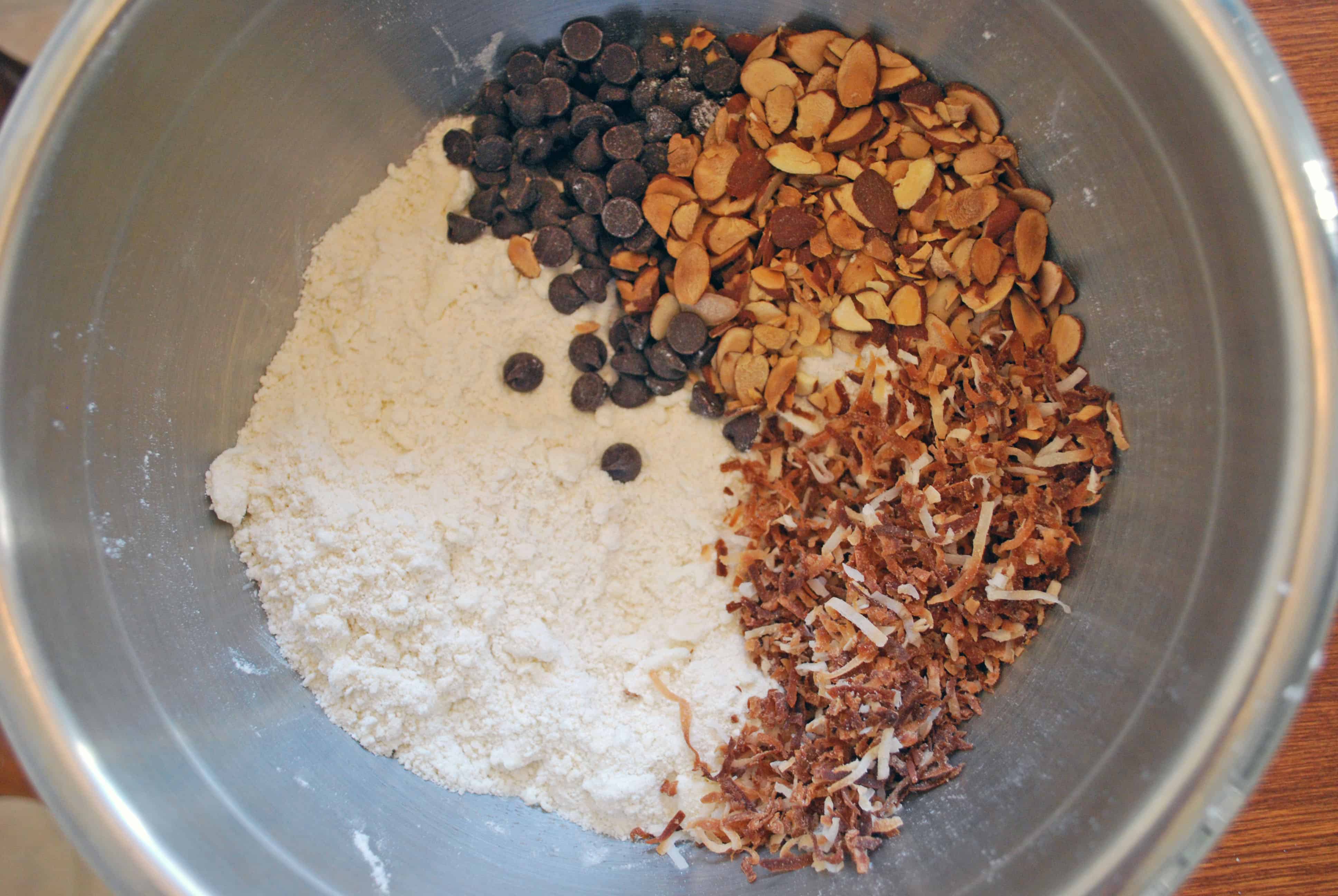 ChocCocSconesAddIns toasted coconut, almonds, and chocolate chips added into the dry ingredients