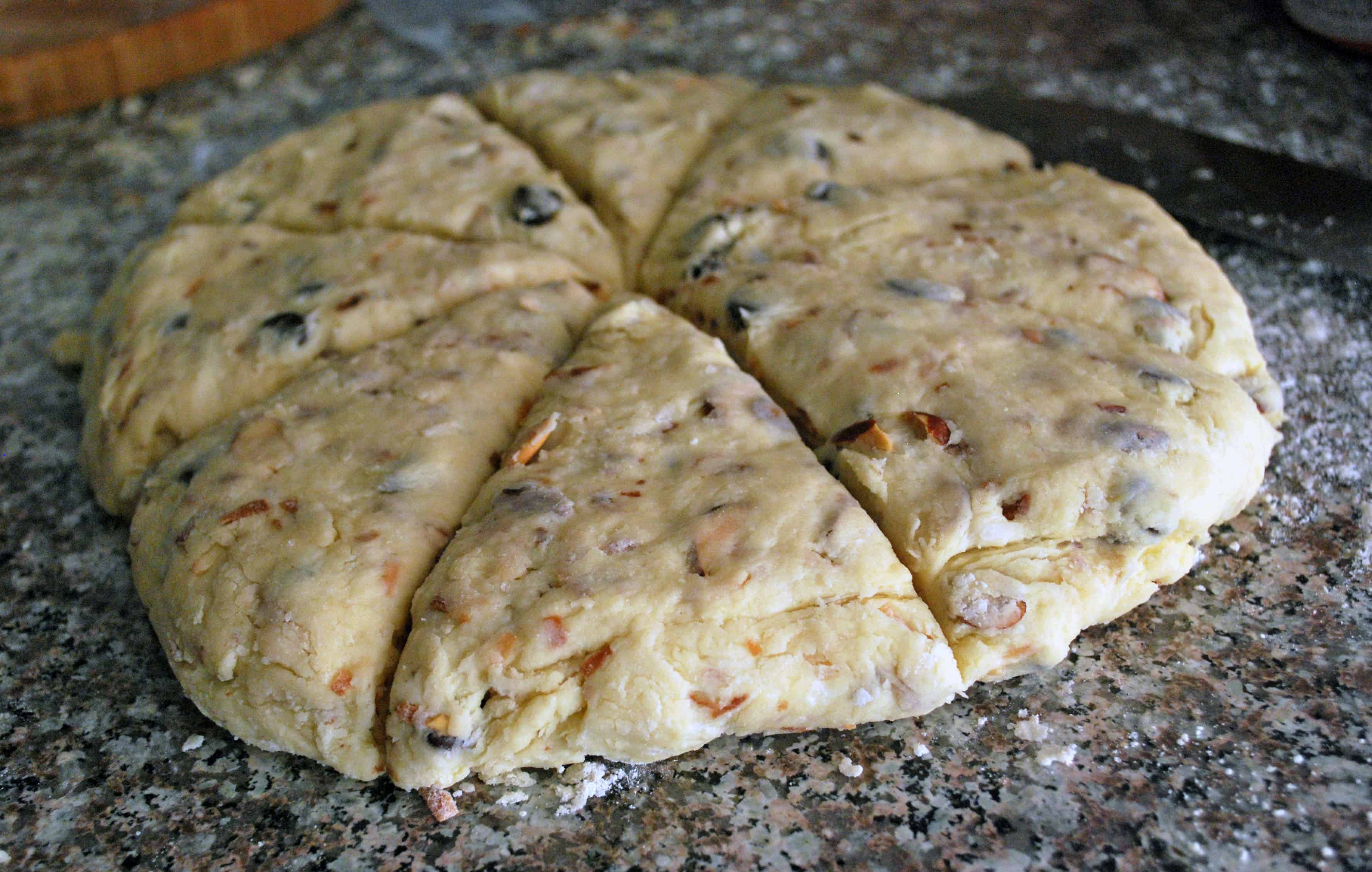 ChocCocSconesCut circle of dough cut into triangles