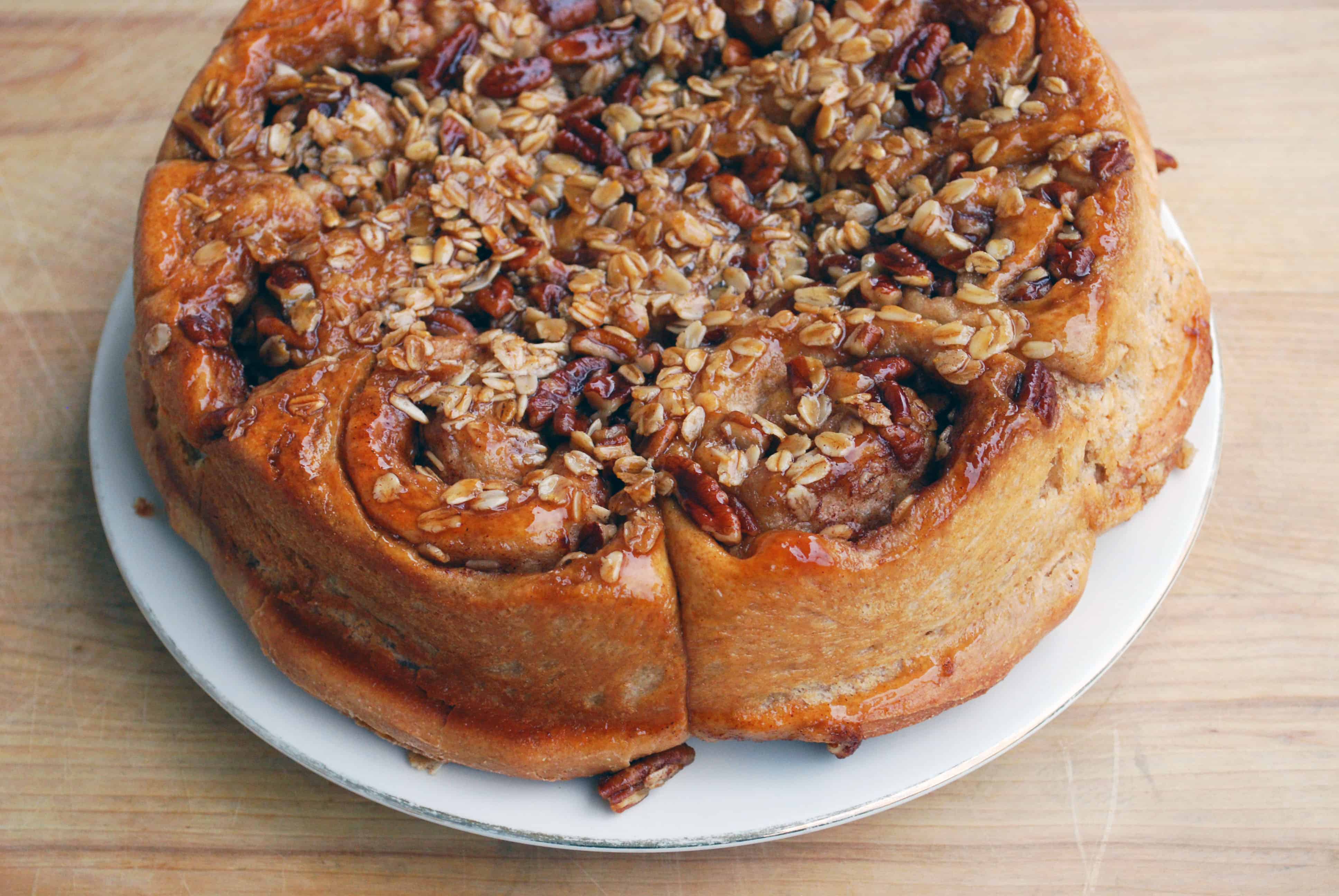Oatmeal Pecan Cinnamon Rolls Oatmeal Pecan Cinnamon Rolls on a white plate