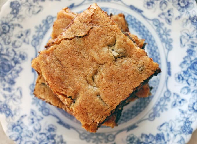 overhead photo of chocolate chunk blondies