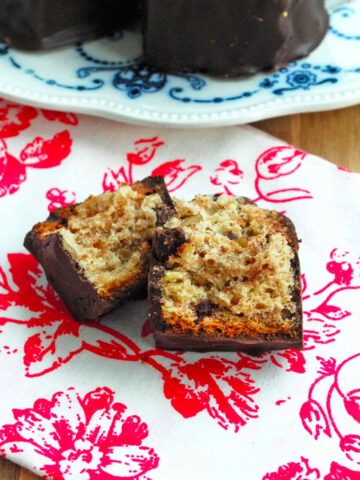 Chocolate Covered Banana Bread Bite cut in half