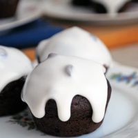 a chocolate mini muffin covered in icing