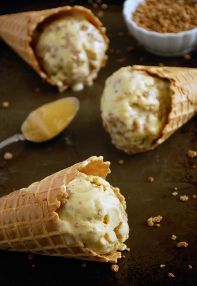 three ice cream cones with brown sugar honey grape nut ice cream