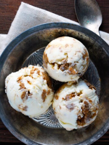 a bowl of gingerbread cookie dough ice cream