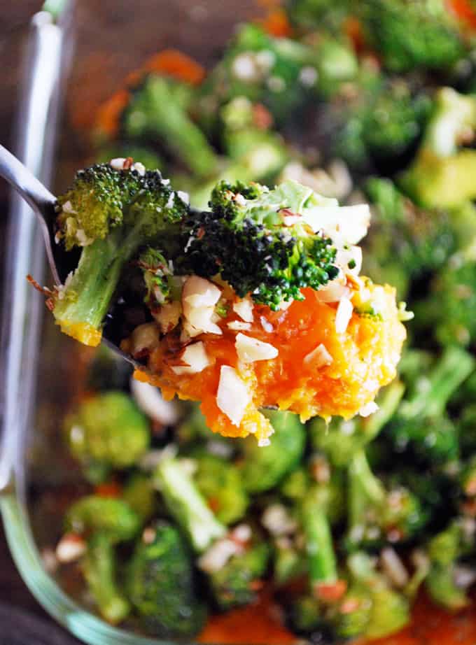 a forkful of broccoli cheddar sweet potato casserole.