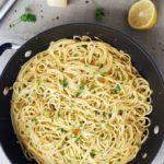 overhead photo of spaghetti with lemon and anchovy