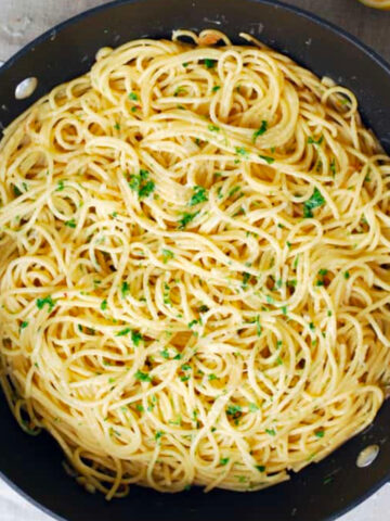 a pan of anchovy lemon spaghetti