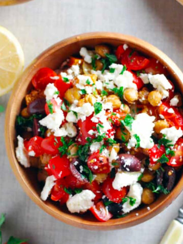 overhead photo of a mediterranean buddha bowl