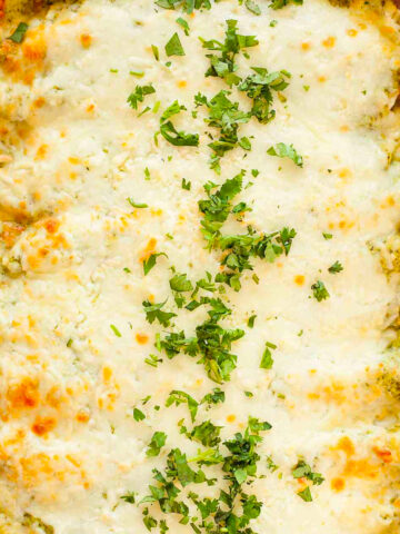 A pan full of vegetarian enchiladas with poblano cream sauce covered in cheese and cilantro.