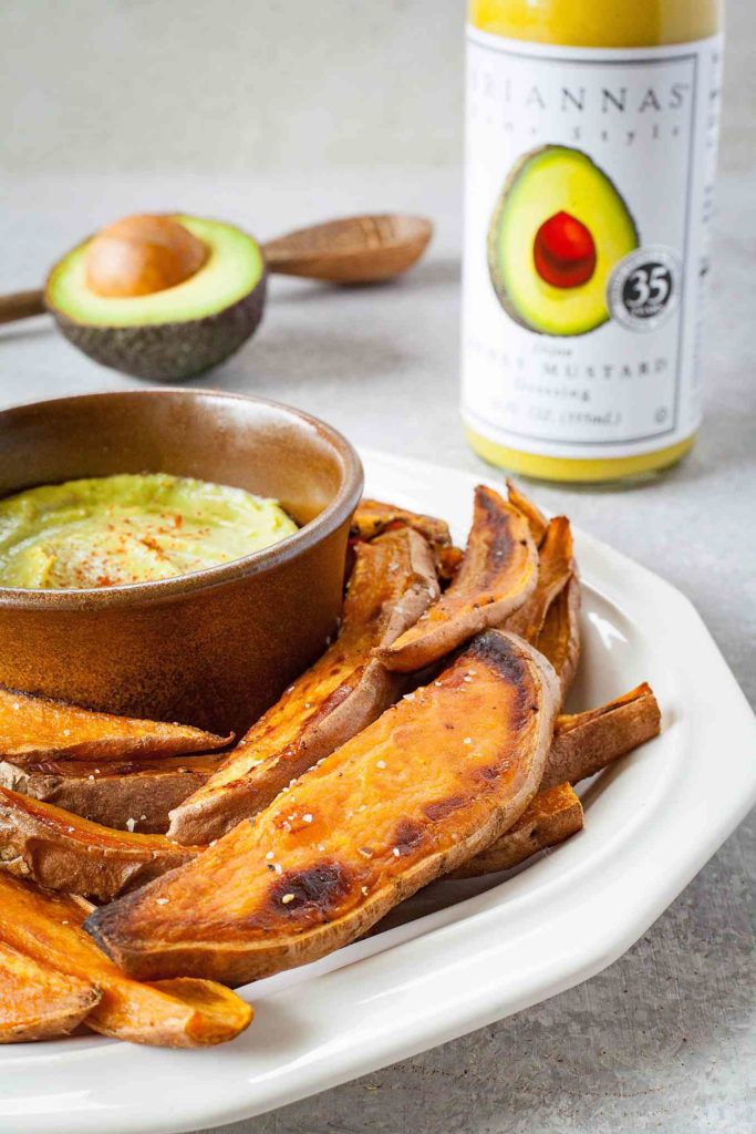 Sweet Potato Wedges with Spicy Honey Mustard Avocado Dip | theliveinkitchen.com @liveinkitchen
