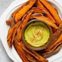 Sweet Potato Wedges with Spicy Honey Mustard Avocado Dip | theliveinkitchen.com @liveinkitchen