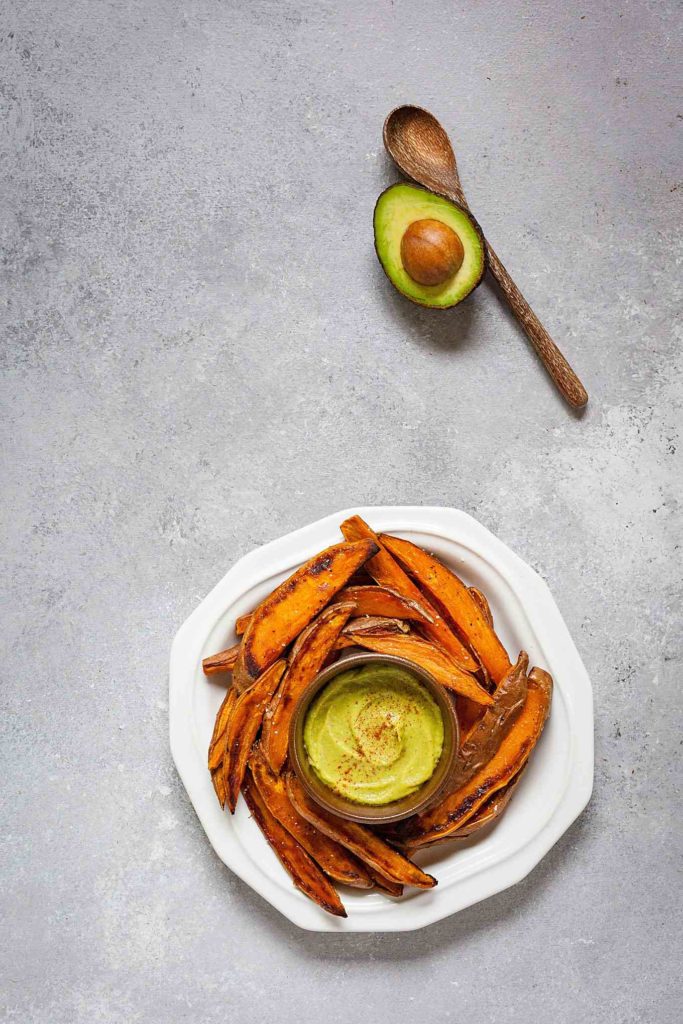 Sweet Potato Wedges with Spicy Honey Mustard Avocado Dip | theliveinkitchen.com @liveinkitchen