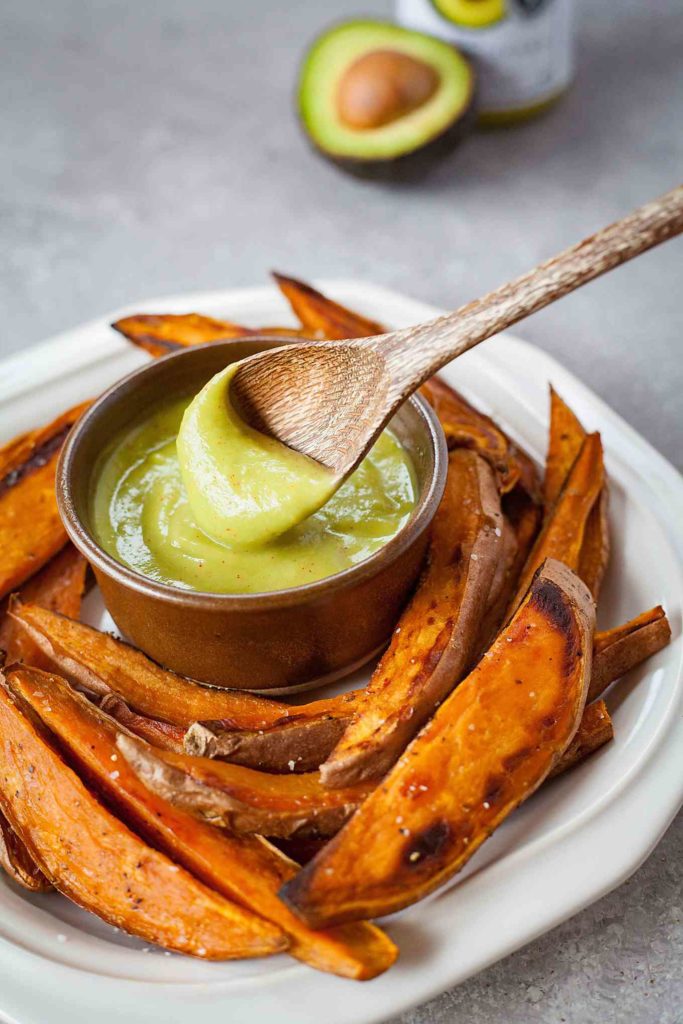 Sweet Potato Wedges with Spicy Honey Mustard Avocado Dip | theliveinkitchen.com @liveinkitchen
