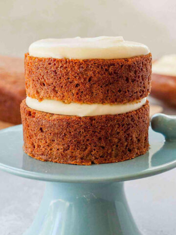 image of applesauce cake on top of blue cake stand shaped like a whale.