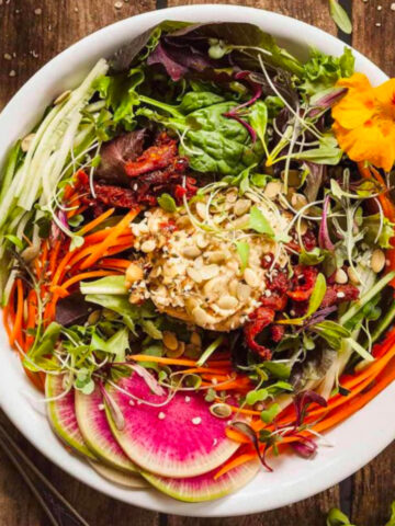 High Protein Fresh Vegan Salad with Hummus in a bowl.