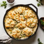 topview image of biscuits topped vegetarian pot pie in a cast iron pan with spices in a bowl