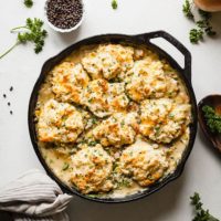 Biscuit Topped Vegetarian Pot Pie - A creamy jackfruit and veggie pot pie topped with the best buttery homemade drop biscuits! #comfortfood #vegetarian #potpie #dinnerideas #easy #healthy #jackfruit