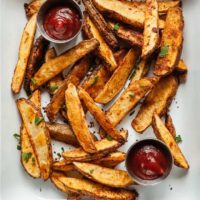 crispy oven baked potato wedges in a white pan with two bowls of ketchup