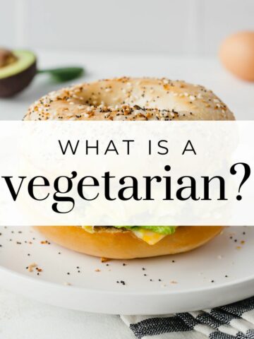 Bagel sandwich with the text overlay "what is a vegetarian".