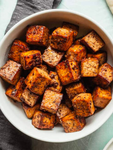 balsamic tofu in a white bowl.