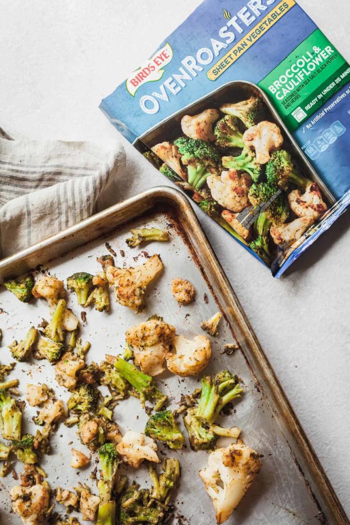Birds Eye vegetables on a baking sheet with the package