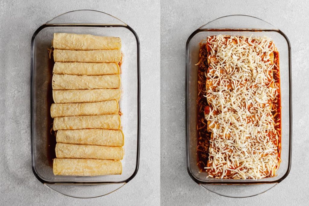 process photo of cheese enchiladas after being rolled, then topped with sauce and cheese