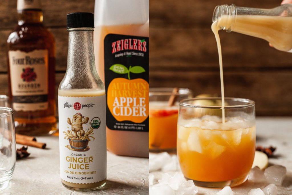 a photo of apple cider cocktail ingredients and ginger juice being poured into a cocktail