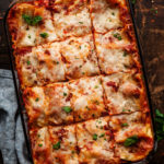 roasted vegetable lasagna in a pan