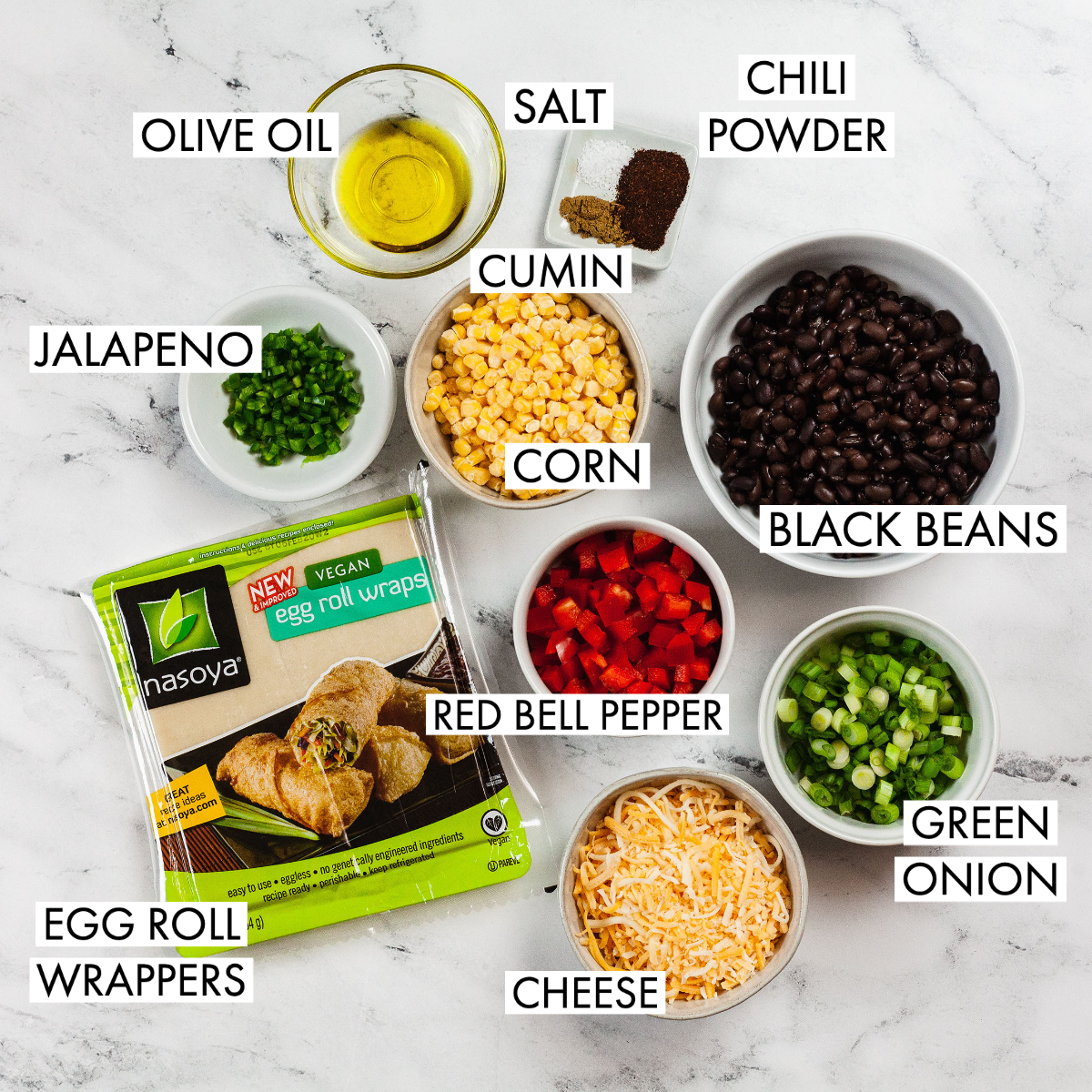 ingredients for vegetarian baked southwest egg rolls.