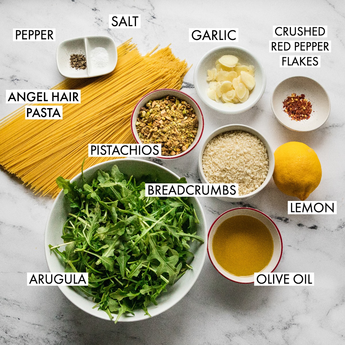 Ingredients used to make arugula pistachio angel hair. 