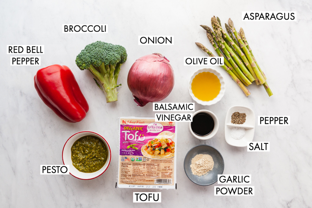 ingredients for pesto tofu with balsamic vegetables