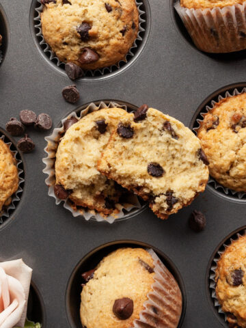 chocolate chip muffins on a muffin pan