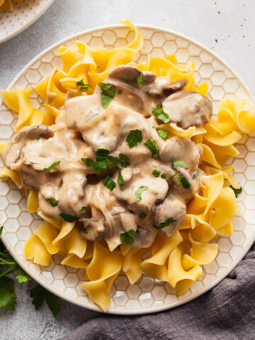 a plate of halloumi stroganoff served over egg noodles