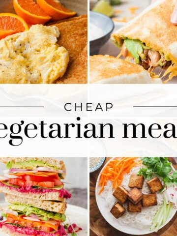 A collage of food images and text reading "cheap vegetarian meals".