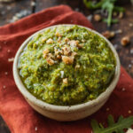 A small bowl of pesto made from arugula and walnuts topped with walnuts on top of a red napkin.
