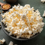 Microwave popcorn in a bowl.