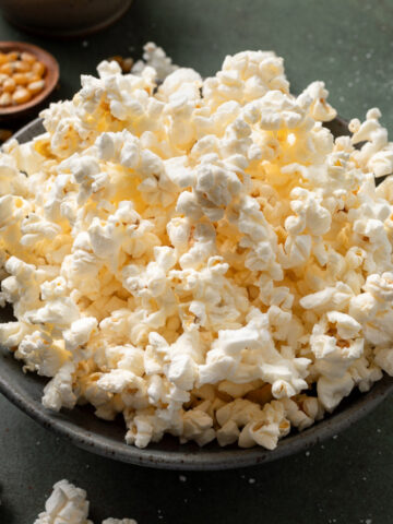 Microwave popcorn in a bowl.