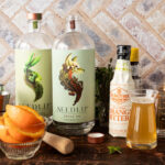 Mocktail ingredients including 2 bottles of Seedlip Spirits, orange bitters, simple syrup, and orange wedges.