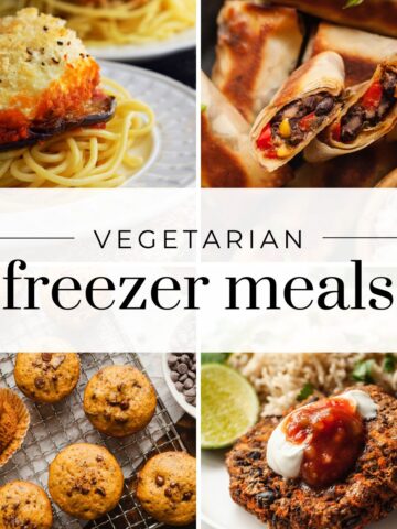 Collage of 4 vegetarian freezer meals.