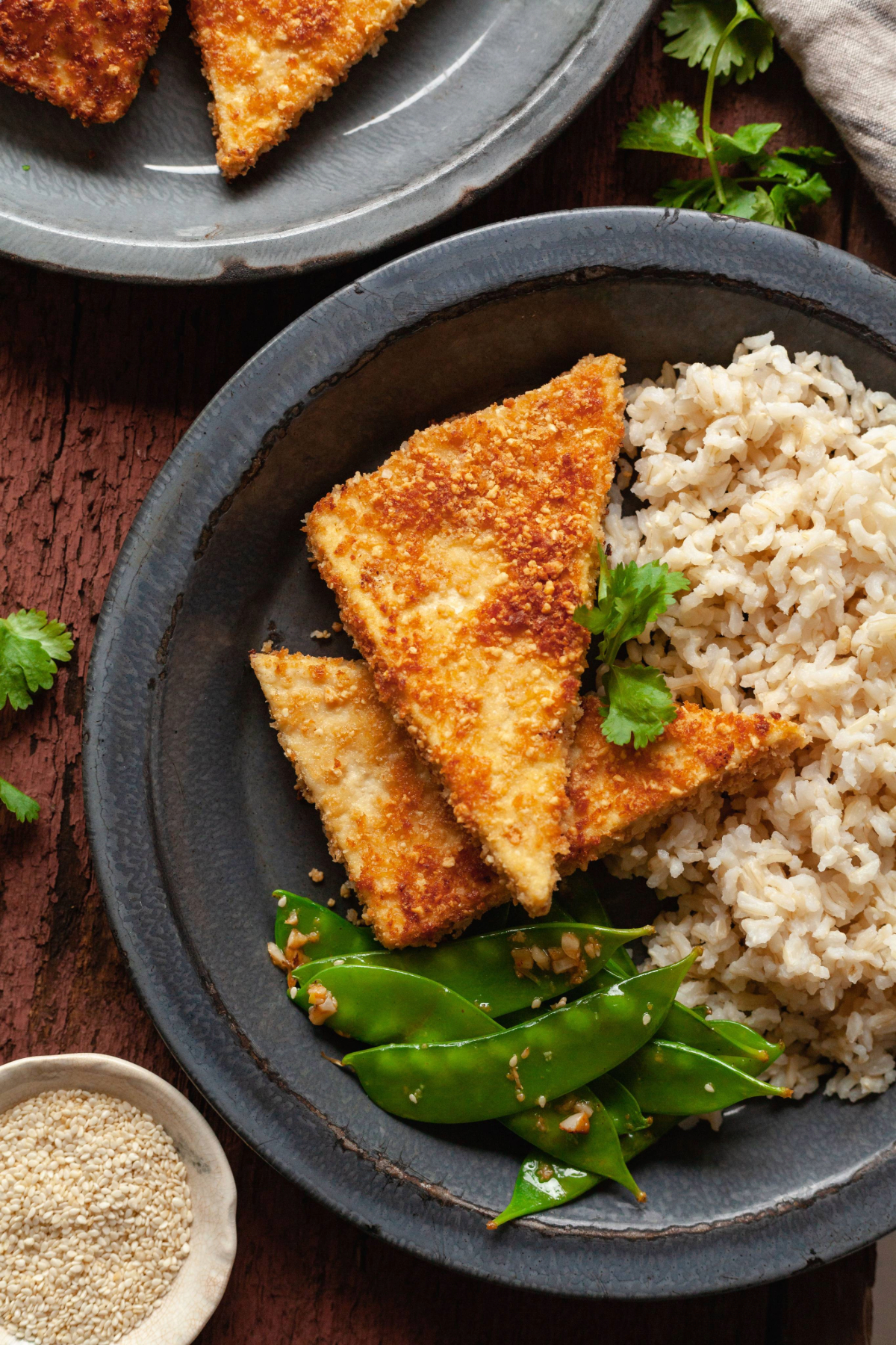Two slices of crispy pan fried peanut tofu on a plate next to rice and garlic snow peas.