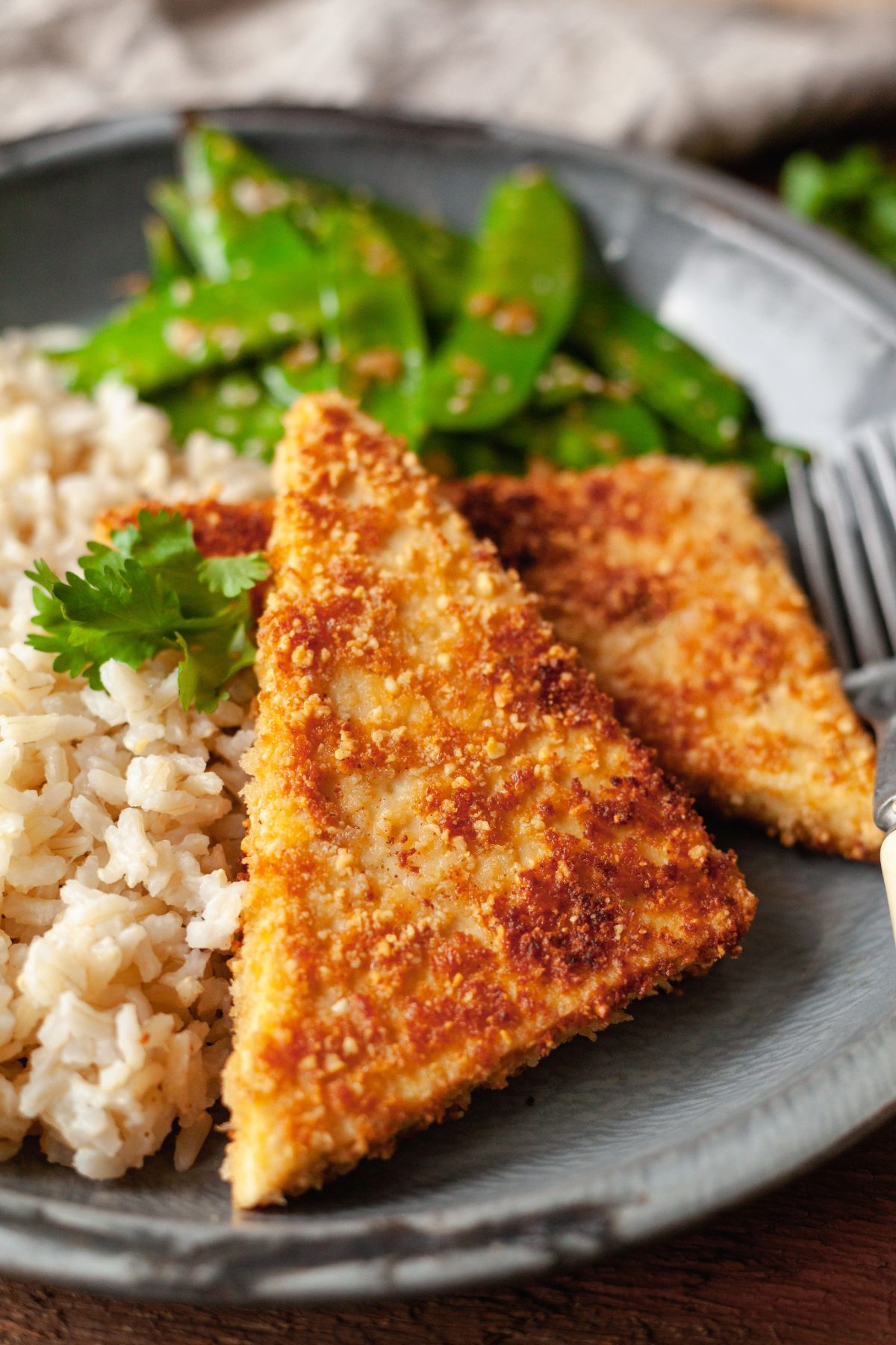 Two slices of crispy pan fried peanut tofu on a plate next to rice and garlic snow peas.