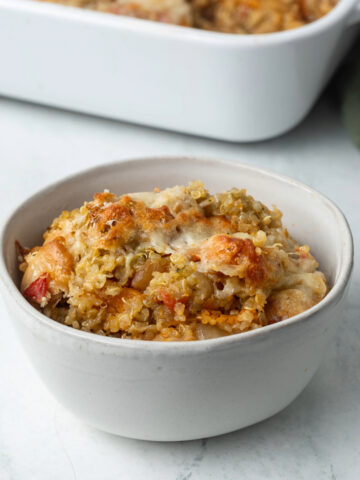 A small bowl of butternut squash quinoa casserole.