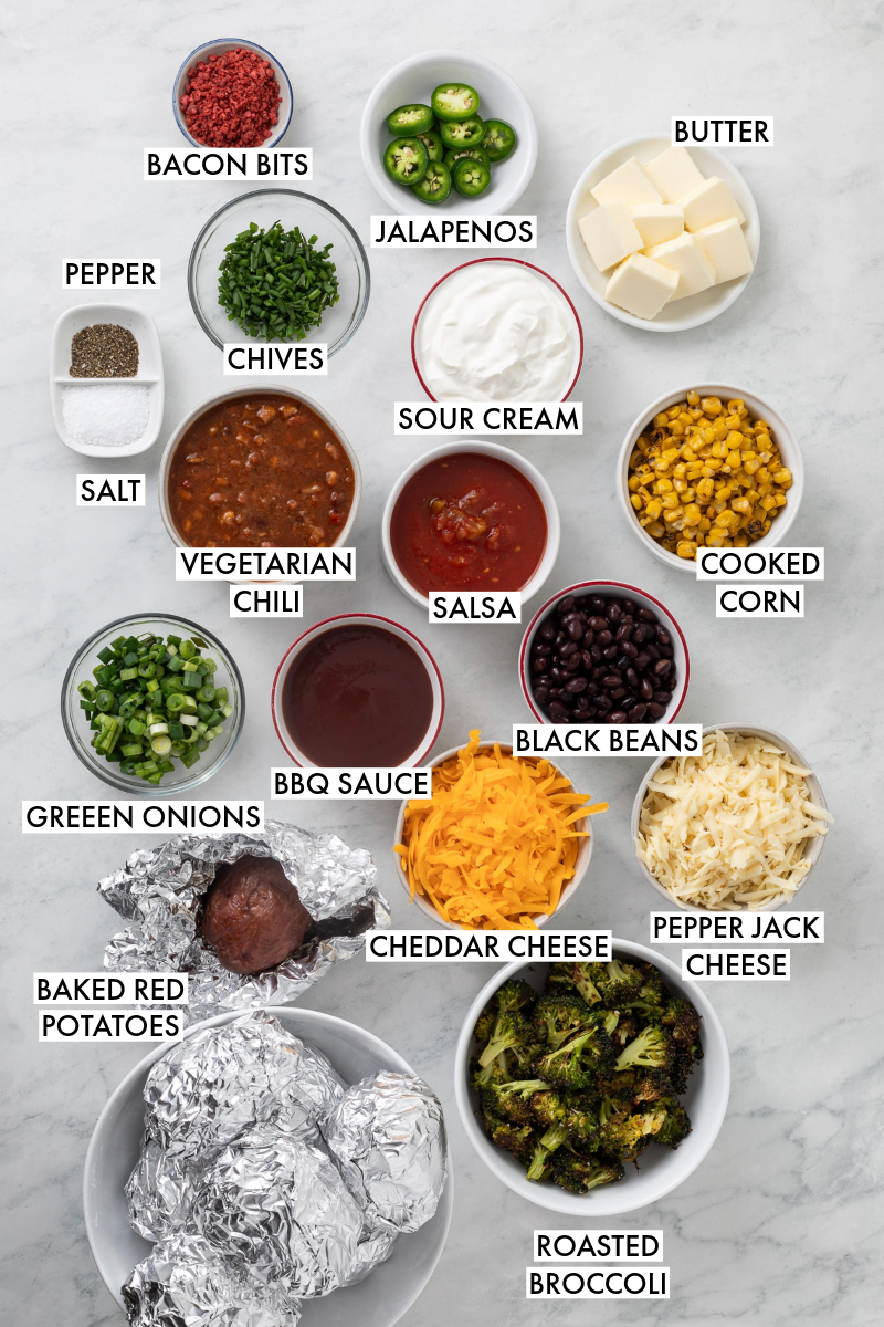 Ingredients used in a baked potato bar.