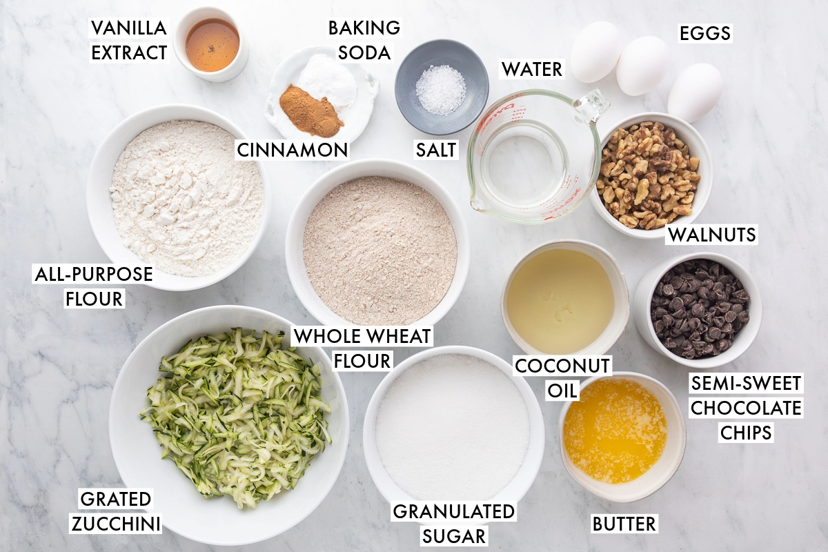 Ingredients used to make chocolate chip zucchini bread.