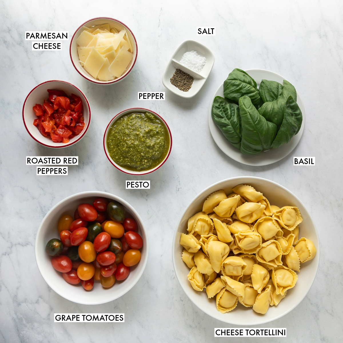 Ingredients used to make pesto tortellini salad.