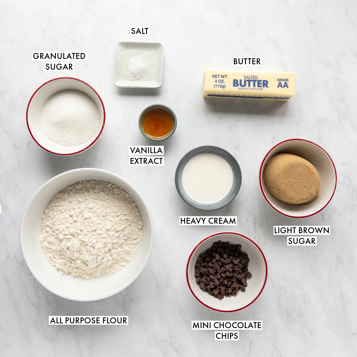 Ingredinets used to make eggless cookie dough.