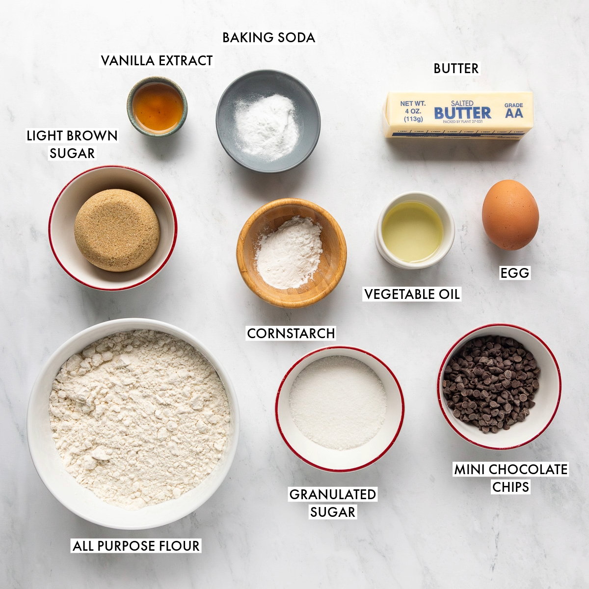 Ingredients used to make chocolate chip cookies.