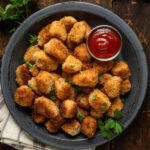Fried tofu nuggets on a plate garnished with parsley next to a small bowl of ketchup.