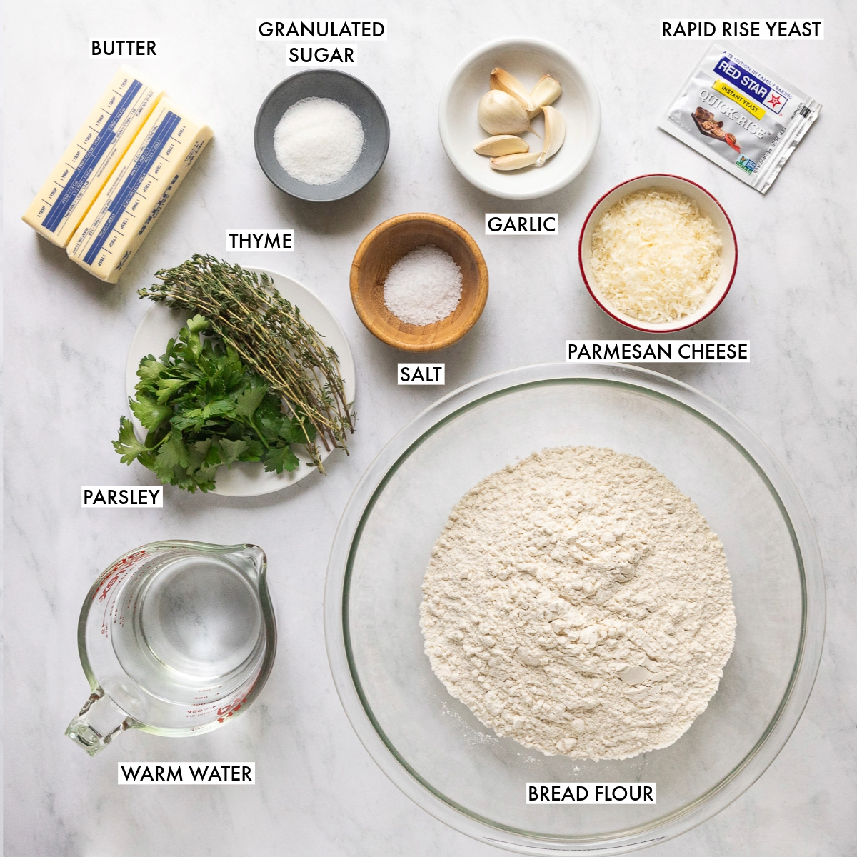 Ingredients used to make garlic parmesan knots.