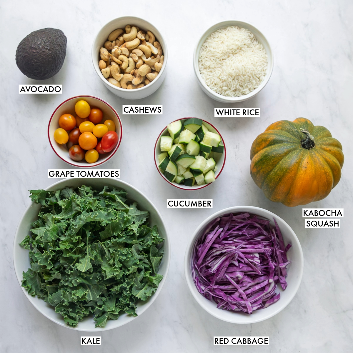 Ingredients used to make cashew rice bowls.